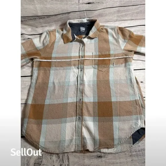 PrAna  Women's Plaid Flannel Snap -Up Shirt Brown Size L Casual Cozy Fall Winter - Picture 4 of 11
